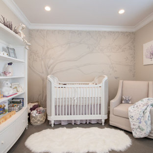 Transitional nursery in Gold Coast - Tweed with beige walls, carpet and grey floor for girls.