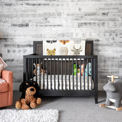 Nursery - mid-sized contemporary gender-neutral carpeted and gray floor nursery idea in Portland with multicolored walls