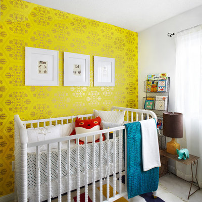 Nursery - contemporary gender-neutral carpeted nursery idea in Toronto with yellow walls