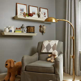 Mid-sized transitional gender-neutral carpeted nursery photo in Minneapolis with gray walls