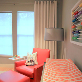 Mid-sized trendy gender-neutral light wood floor nursery photo in Los Angeles with gray walls