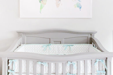 Nursery - mid-sized contemporary boy carpeted nursery idea in Houston with gray walls