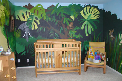 Nursery - mid-sized tropical girl carpeted nursery idea in Los Angeles with multicolored walls