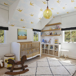 Inspiration for a country gender-neutral carpeted and beige floor nursery remodel in San Francisco with white walls