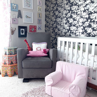 Nursery - transitional girl carpeted nursery idea in San Francisco with gray walls