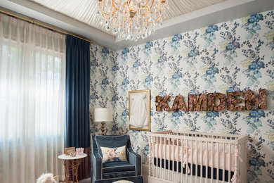 Mid-sized elegant girl carpeted and gray floor nursery photo in Phoenix with white walls