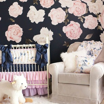 Navy & Pink Peony Floral Nursery Accent Wall Behind Crib