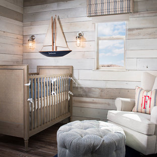 Nursery - small coastal gender-neutral medium tone wood floor nursery idea in San Diego with beige walls