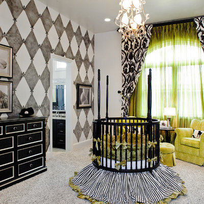 Example of a classic gender-neutral carpeted nursery design in Austin with multicolored walls