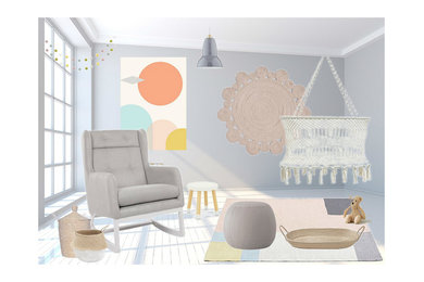 Ejemplo de habitación de bebé neutra costera de tamaño medio con paredes grises y suelo de madera pintada
