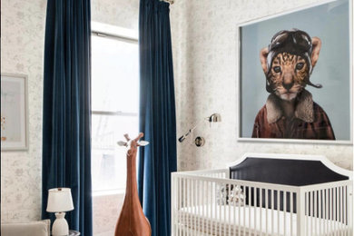 Design ideas for a contemporary gender neutral nursery in New York with white walls, white floors and feature lighting.