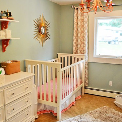 Nursery - mid-sized transitional girl carpeted and brown floor nursery idea in Other with gray walls