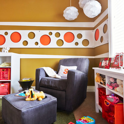 Nursery - mid-sized contemporary gender-neutral carpeted and beige floor nursery idea in Orange County with white walls