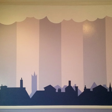 Striped Cityscape Mural with Clouds