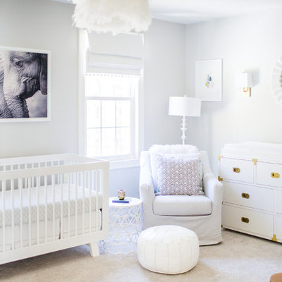 Mid-sized transitional girl carpeted and gray floor nursery photo in Boston with gray walls