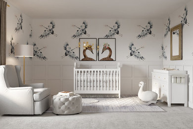 Modelo de habitación de bebé neutra clásica pequeña con paredes blancas, moqueta y suelo gris