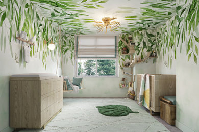 Imagen de habitación de bebé neutra moderna pequeña con paredes verdes, moqueta, suelo verde y papel pintado