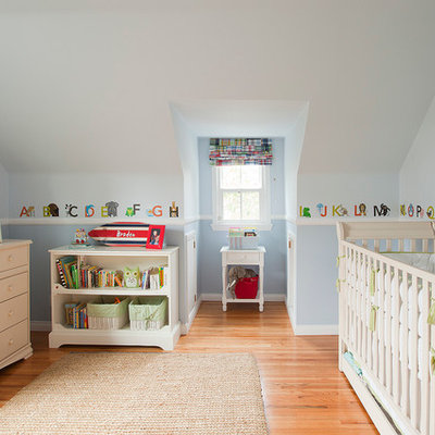 Inspiration for a timeless gender-neutral medium tone wood floor nursery remodel in Los Angeles with blue walls