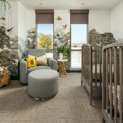 Large trendy gender-neutral carpeted and gray floor nursery photo in Atlanta with multicolored walls