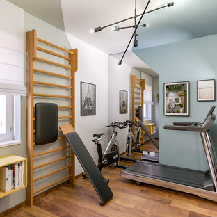 Idee per una palestra multiuso minimal di medie dimensioni con pareti multicolore e parquet scuro