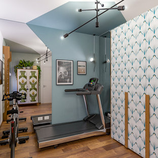 Multifunktionaler, Mittelgroßer Moderner Fitnessraum mit bunten Wänden und dunklem Holzboden in Mailand