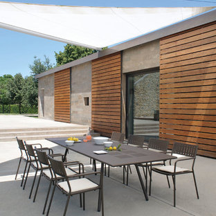 Foto di un patio o portico contemporaneo dietro casa con lastre di cemento e nessuna copertura