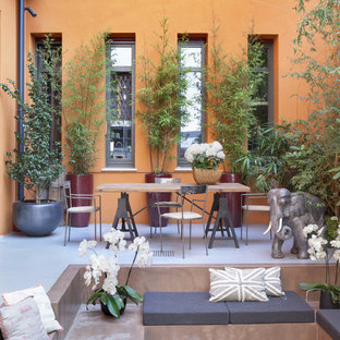 Idee per un patio o portico eclettico dietro casa con lastre di cemento e nessuna copertura