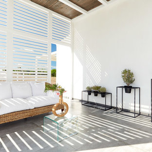 Foto di un patio o portico design con un tetto a sbalzo e pavimentazioni in cemento