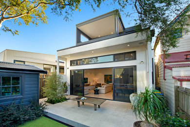 Идея дизайна: двор на заднем дворе в современном стиле с растениями в контейнерах, мощением тротуарной плиткой и навесом