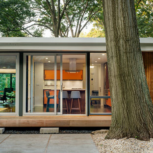 Immagine di un patio o portico moderno di medie dimensioni e dietro casa con lastre di cemento e nessuna copertura
