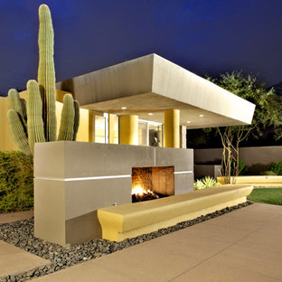 Immagine di un ampio patio o portico moderno dietro casa con un focolare, lastre di cemento e un tetto a sbalzo