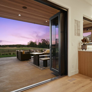 Idee per un piccolo patio o portico etnico dietro casa con un caminetto, lastre di cemento e un tetto a sbalzo
