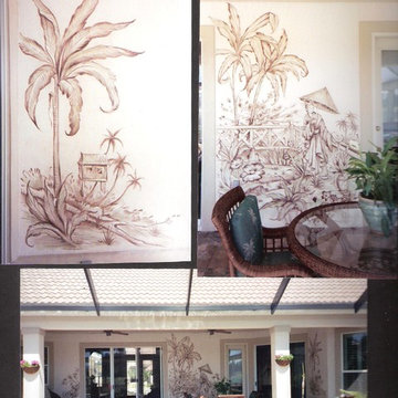 Asian toile fabric inspired poolside mural