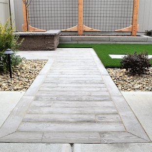 Idee per un piccolo patio o portico minimalista in cortile con un giardino in vaso, pavimentazioni in cemento e nessuna copertura
