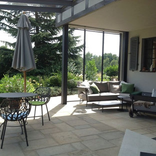 Immagine di un grande patio o portico scandinavo dietro casa con un giardino in vaso, pavimentazioni in pietra naturale e un tetto a sbalzo