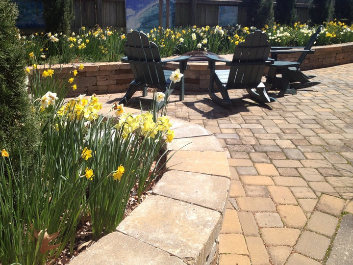 Large traditional brick patio design for the backyard without a cover