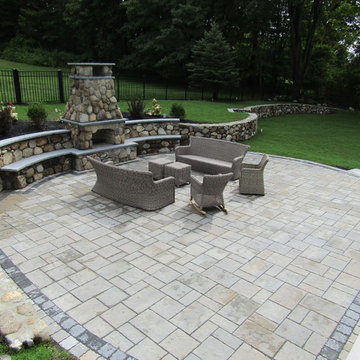 Backyard Transformation  – Entertaining patio w/ New England Fieldstone fire pla