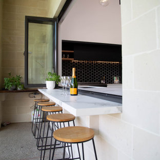 Mid-sized modern courtyard patio in Other with an outdoor kitchen, concrete slab and a roof extension.