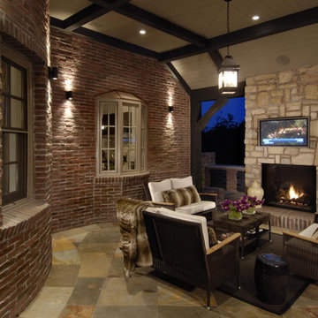 Brick Patio with Stone Fireplace