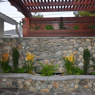 Foto di un piccolo patio o portico etnico dietro casa con un focolare, pavimentazioni in pietra naturale e una pergola