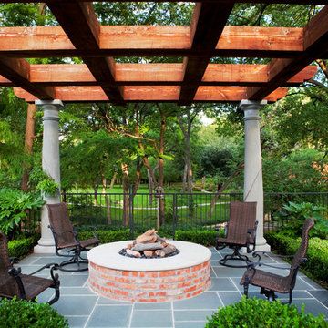 Classical Concrete and Cedar Pergola with Bluestone Paving and Firepit