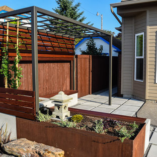Ispirazione per un piccolo patio o portico etnico con pavimentazioni in cemento e una pergola