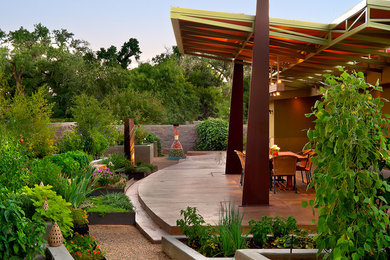 Photo of a contemporary patio in Albuquerque with a roof extension.
