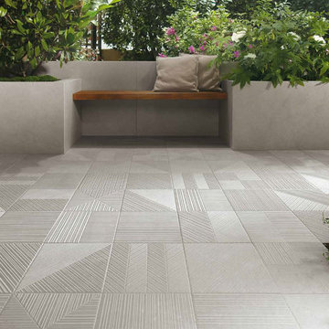 Contemporary patio with patterned and textured porcelain floor tile