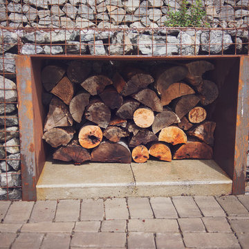 COR-TEN Steel Firewood Storage with Gabion Wall