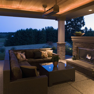 Example of a trendy patio design in Portland with a gazebo and a fire pit