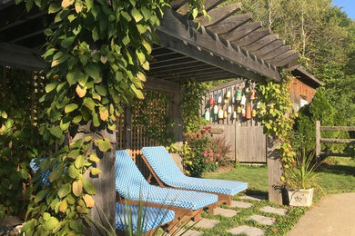 Small mountain style backyard patio photo in Other with a pergola