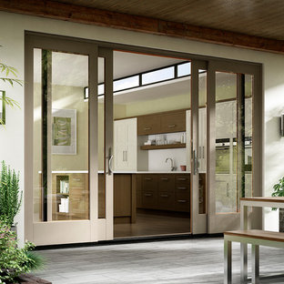Foto di un patio o portico minimal di medie dimensioni e dietro casa con un tetto a sbalzo