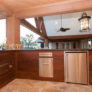 Large trendy backyard stone patio kitchen photo in Dallas with a pergola