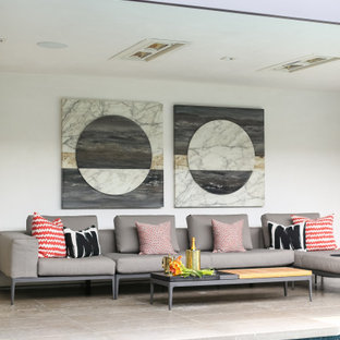 Ispirazione per un patio o portico minimal con un tetto a sbalzo